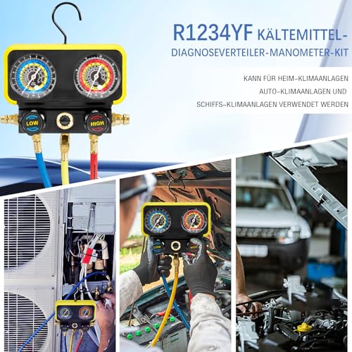 Pindex Manifold Gauge Set für Kältemittel R1234YF R134A R404A, KFZ AC Kältemittel Manometer mit 3x 1,5m Füllschläuche für Auto AC Kältemittelaufladung