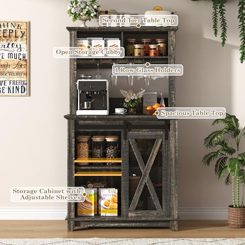 Image of 31.5 inch Wide Farmhouse Coffee Bar Cabinet with LED Light,Wine Bar Cabinet w /2 Storage Hutch,Kitchen Buffet Cabinet w /Sliding Barn Door & Wine and Glass Racks for Kitchen Dining Room(Dark Rustic Oak)