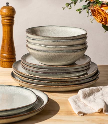 GBHOME Stoneware Dinnerware Sets for 4, 12 Pieces Rustic Earthenw...