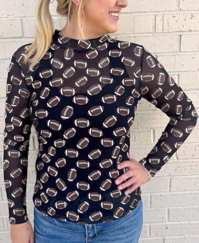 Long Sleeve Mesh Top Women Bodycon Sheer Mock Neck Game Day Shirt Sexy See Through Football Graphic Tees for Teens3