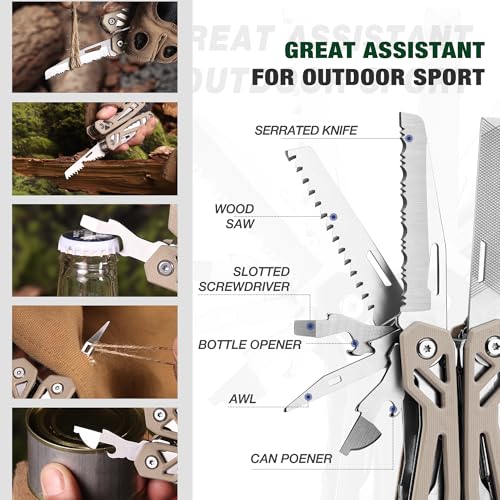 Image of MOSSY OAK Multitool, 22-in-1 Stainless Steel Pliers with Screwdriver Sleeve, Desert Steel Handle, Self-locking Knife with Sheath-Perfect for Outdoor, Survival, Camping, Hiking, Simple Repair