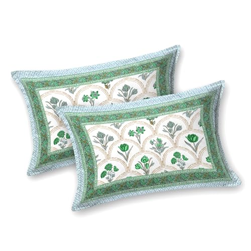 Image of BLOCKS OF INDIA Hand Block Printed 200 TC Cotton King Size Bedsheet (Green Rose)