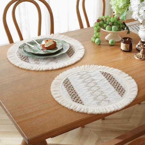 Image of HomeCloud Croshia Woven Table placemat - Heat Resistant, Washable Table Decoration for Dining, Office, Kitchen, Hotel, and Home (Round White Baige, Set of 1)