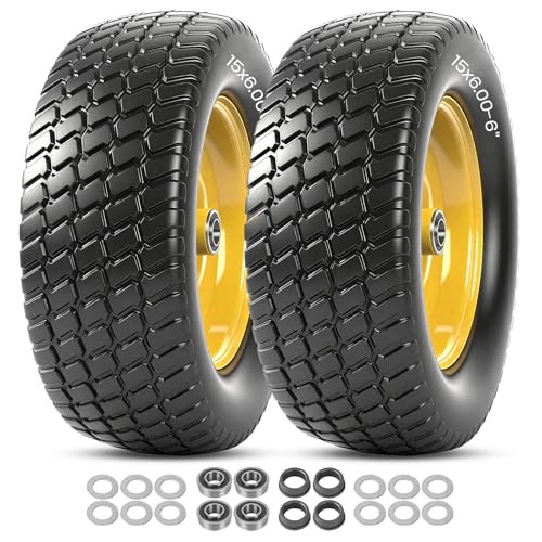 AR-PRO (2 Pack) 15 x 6.00-6 Tire and Wheel Flat Free, Front Lawn Mower Tires with Rim, 3' Centered Hub with 3/4' & 5/8' Bearings and 1' bushings, Compatible with John Deere Riding Mower, Lawn Tractor
