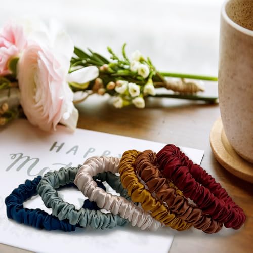Image of VLOMOT 6 Pcs Set 100% Pure Mulberry Silk Hair Scrunchies Hair Ties with 6 Chic Colors Everyday Skinny Scrunchies Silk Ponytail Holders Hair Care No Damage (Vintage)