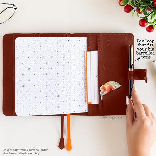 Image of NEORAH - B6 Notebook SLEEVE with SNAP Button + Dotgrid JOURNAL | Faux Leather Sleeve + Penloop | 2 Front 1 Back compartment | 6 Card Slots -BROWN