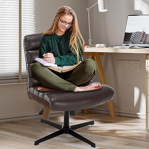 SOERGO Cross Legged Office Chair PU Leather Office Chair Armless Desk Chair No Wheels Criss Cross Desk Chair Modern Office Chair Computer Chair, Brown