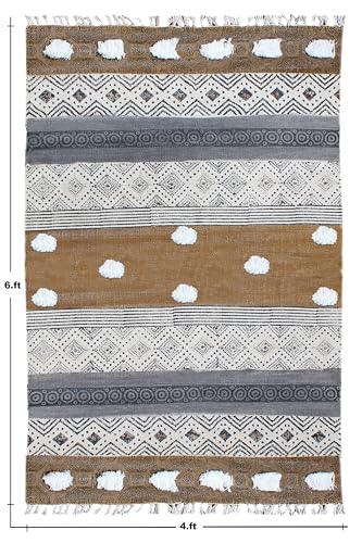 Tapis carrés style bohème en coton rayé noir et marron lavable - 4