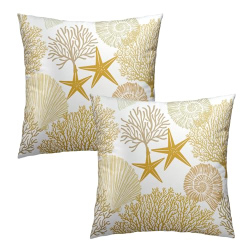 Summer Ocean Themed Nautical Coastal Throw Pillow Covers 22X22 Inches Set of 2 Yellow Seashell Starfish Coral Pillowcase Soft Cotton Square Cushion Covers for Home Sofa Patio Bedroom Decoration
