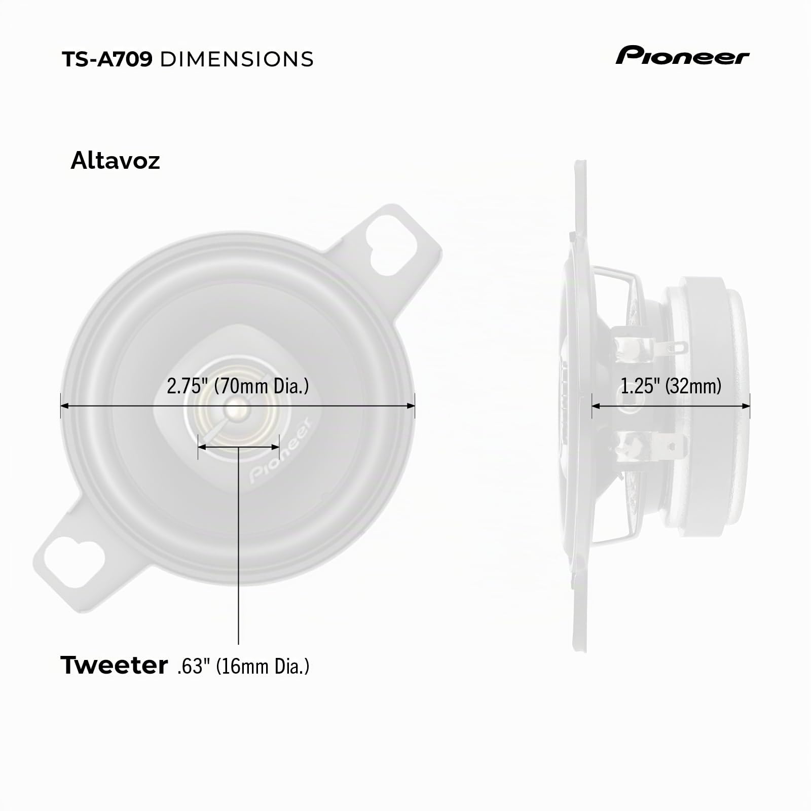 Pioneer TS-A709 Serie A Altavoz coaxial de 2-3/4 Pulgadas de 2 vías de 450 vatios de Potencia máxima con un Tweeter de 16 mm, par, Negro | Gran pieza de repuesto, sonido equilibrado y agudos suaves, fácil instalación