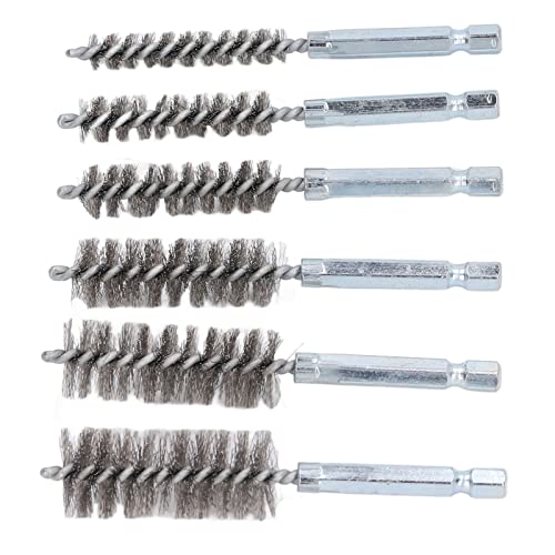 Image of 6-Piece Bore Cleaning Brush Set With 1 /4in Hex Shank for Electric Drill Impact Driver (Steel Wire, Silver)