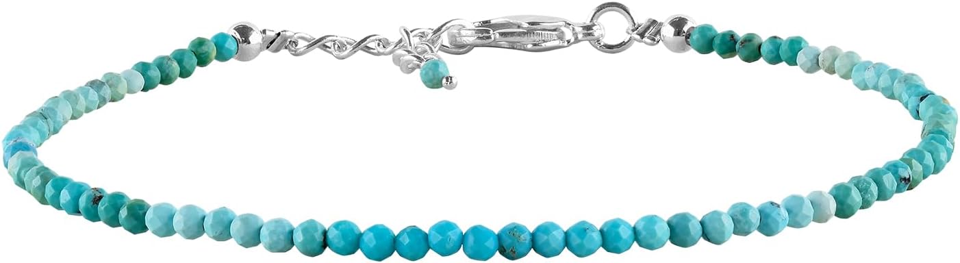 Real Turquoise Bracelet For Women Genuine Gemstone, Natural December Birthstone, Handmade Simple Bracelet, Gorgeous Micro Beads Chakra Jewelry, Crystals Silver Plated Chain 8 inch