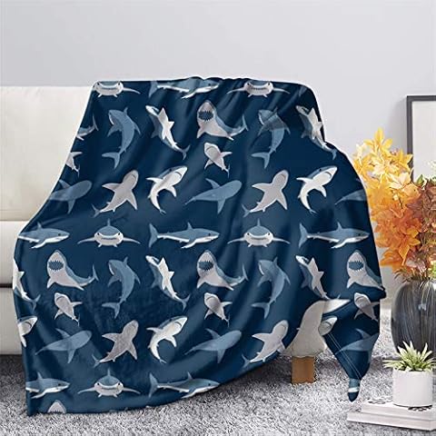 HUGS IDEA Flannel Fleece Microfiber Throw Blanket, Shark Cartoon Animal Pattern Basic Size & Full Size, Lightweight Cozy Plush Microfiber Bedspreads - XS Cover