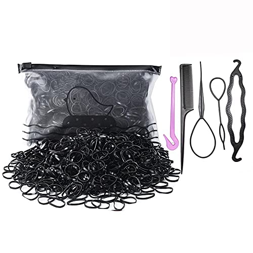 1000 pieces of mini black soft elastic rubber bands, with 5 hair end tools, girl ponytail, hair end, bun and hair accessories,A Black