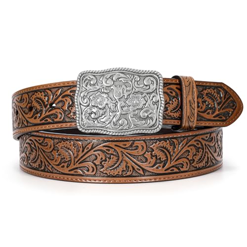 Western Belts for Women Men Cowgirl Cowboy Embossed Engraved Tooled Leather Belt with Buckle for Jeans Pants Rodeo
