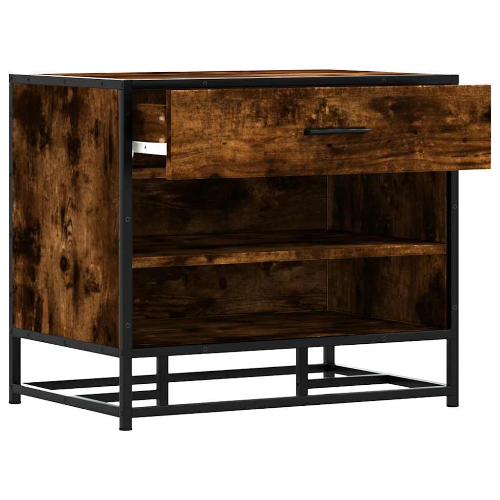 Fengshui Schuhbank Räuchereiche 60x40x53,5 cm Holzwerkstoff Metall | Stabiler Metallrahmen, pflegeleicht, viel Stauraum, mit Wandhalterung