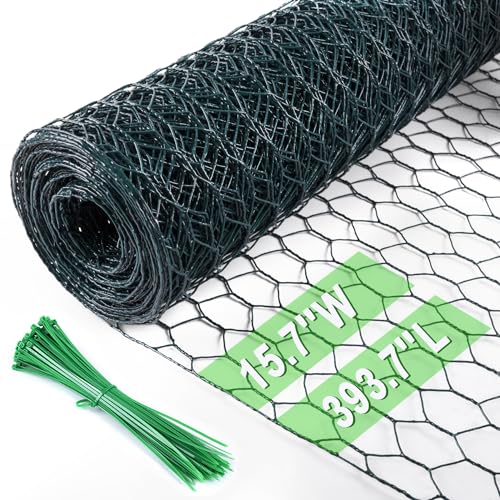 Image of Chicken Wire 15.7 in x 393.7 in Poultry Wire Netting Hexagonal Galvanized Mesh Garden Fence Barrier for Pet Rabbit Chicken Fencing with 100 Pcs Cable Zip Ties(PVC-Coated)