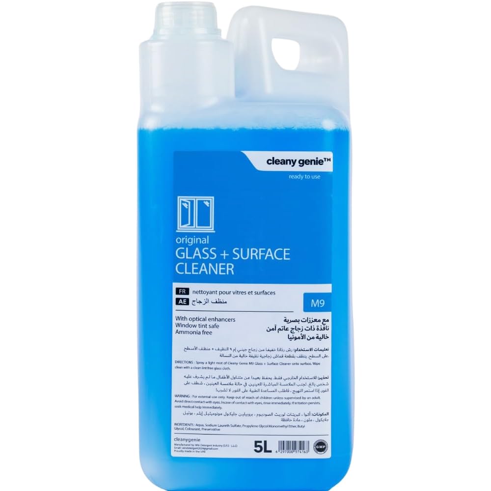 Cleaning Superstore Cleany Genie Original Premium Glass Cleaner & Surface Cleaner Liquid| Window cleaner, and Screen Cleaner Liquid | Kills 99.99% of Germs, 5 Liters Gallon, M9
