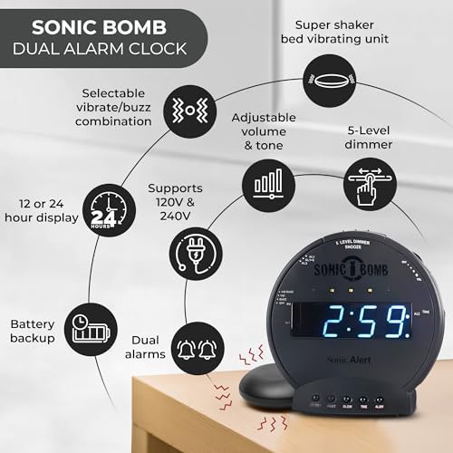 Image of Sonic Alert Sonic Bomb Dual Alarm Clock with Bed Shaker, Black Vibrating Alarm Clock Heavy Sleepers, Battery Backup | Wake with a Shake