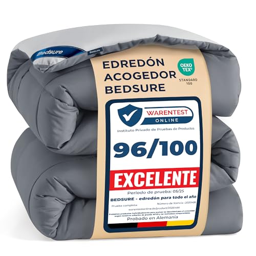Bedsure Edredon Cama 90 Entretiempo - Relleno Nordico 155x220 cm de 300 gr/m² para Cama Individual 150x200, Edredones Otoño y Primavera, Fibra Suave y Gris