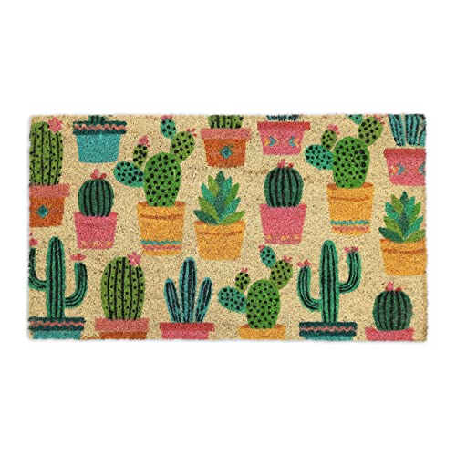 Relaxdays Cactus Plants Coir Doormat, HxWxD: 75 x 42 cm, Non-Slip, Indoor Outdoor, Coconut, PVC, Multicoloured