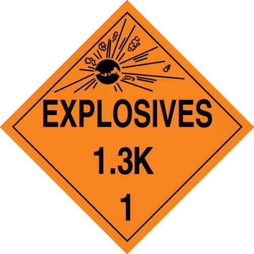 Image of Accuform MPL125CT10 PF-Cardstock Hazard Class 1 /Division 3K DOT Placard, Legend inchExplosives 1.3K 1 inch with Graphic, 10-3 /4 inch Width x 10-3 /4 inch Length, Black on Orange (Pack of 10)