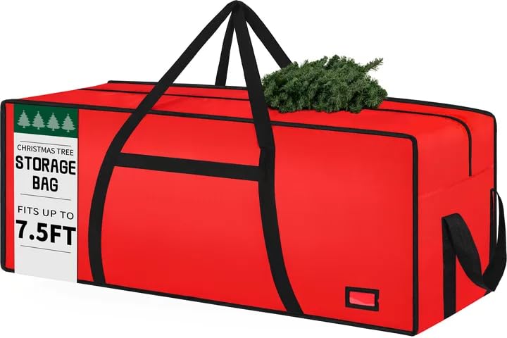 Image of Heavy Duty Christmas Tree Bag 7.5 FT with Dual Zippers and Reinforced Handles Wide Opening, Large Capacity fits for Artificial Christmas Tree, Red