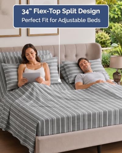 Image of Flex Top Split Head King 6 Piece Sheet Set - Soft & Cooling - Grey Stripes | Ultra Soft Hotel Luxury Bedding Set w / 8-16 Inch Deep Pockets, 1 Flat & 1 Split-Head Fitted Sheet & 4 Pillowcases, Fade Free