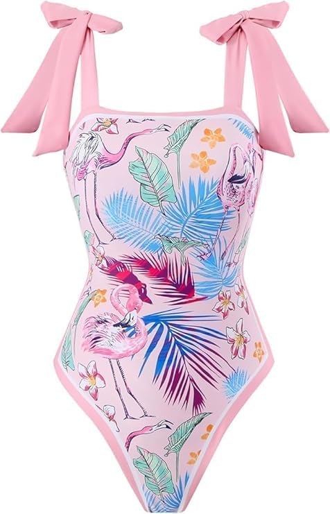 One Piece Bathing Suit for Women with Beach Cover up Wrap Skirt Swimsuit Sarong Retro Floral Print Bikini Set (US, Alpha, 3X-Large, Regular, Regular, Flamingo Pattern)