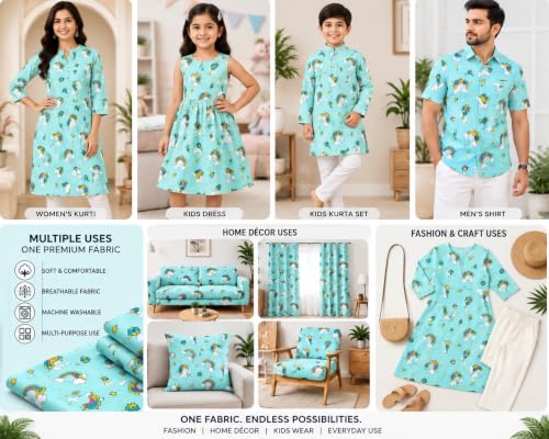 Image of Premium Printed Cotton Fabric - Multi-Purpose Floral Print Fabric for Family Clothing, Curtains, Sofa Covers, Cushions & Home Decor | Soft, Breathable & Durable (Blue, 5 Meter)