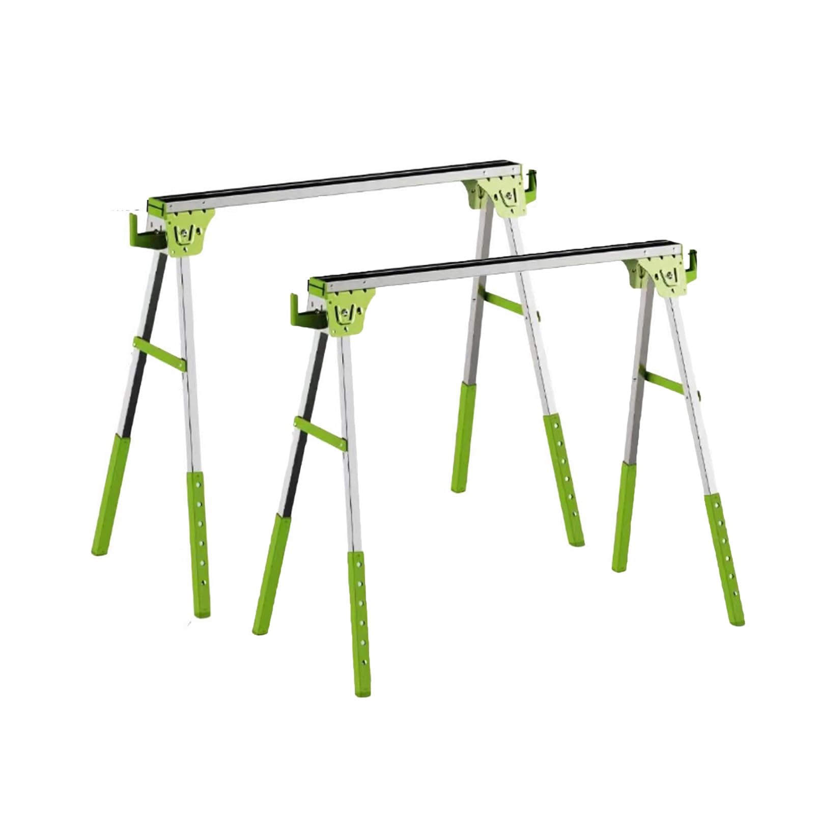 Chevalet de sciage pliable avec pieds réglables et crochets latéraux, construction en acier robuste pour soutien sur chantier et couper du bois de chauffage, capacité de 300 kg