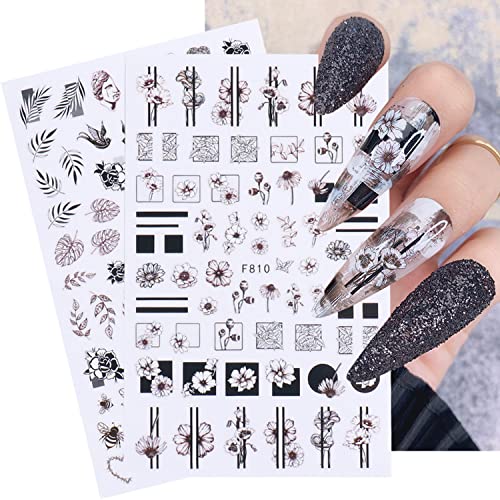 Flowers Nail Art Stickers, Holographic Black Flower Leaf Butterfly Nail Art Decals, 3D Floral Self-Adhesive Sticker Design Supplies For Women Manicure Decorations, Blossom Resin Nail Transfer Decal #TOP2