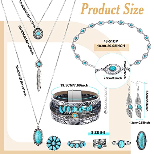 Geyoga 9 Pcs Bohemian Turquoise Jewelry Set Western Jewelry Turquoise Necklace, Vintage Dangle Earrings, Stacking Knuckle Rings, Waist Chain, Western Bracelets for Women Holiday Gift3