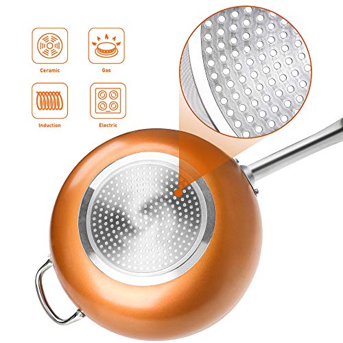 image for SHINEURI 12 Inch Copper Wok Pan and Stir Fry Pan with Lid, Nonstick Co