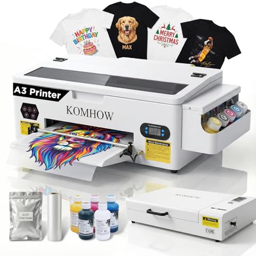 KOMHOW R1390 DTF Printer - A3 Tshirt Printing Machine, Direct to Film Heat Transfer Printer with White Ink Circulation System, DIY Print for Clothing(Includes Oven)