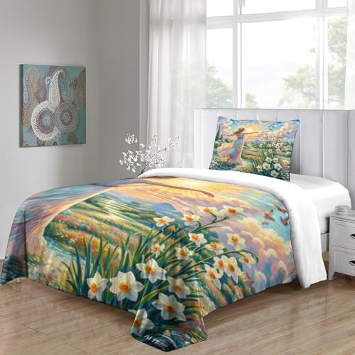 Housse de couette fermeture éclair cachée Narcisse 3D parure lit simple microfibre infroissable - 5