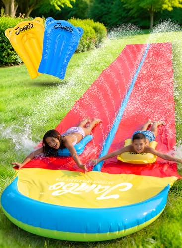 JAMBO 32FT Extra Extra Long Slip Splash and Slide, 2 Bodyboards, Heavy Duty Water Slide with Inflatable Crash Pad, Double Lane Slip Slides, Outdoor Backyard Water Slides n Toys for Kids