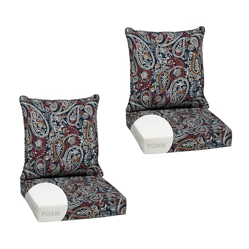 Image of Arden Outdoor Foam Deep Seat Cushion Set, 2-Pack, 24x24, Premium High-Density Foam, Never Flattens, Weather-Proof for Patio Chair Sofa Couch, Navy Palmira Paisley