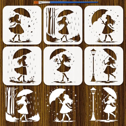 FINGERINSPIRE 6Pcs Pochoirs de Peinture Femme Saison Des Pluies Avec Pinceau 15x15cm Modèles de Dessin Silhouette Femme Parapluie Arbres Pochoirs Modèle à...