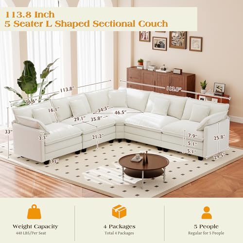 Image of 113.8 inch Modular Sectional Sofa,Cloud Couch for Living Room,Modern Deep Seat Sofa 5 Seater Chenille Fabric Comfy L Shaped Couches with Throw Pillows for Apartment
