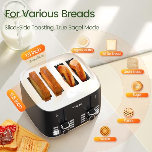 Image of Topzee Toaster 4 Slice, Wide Slot for Toasting Bagel Muffin Waffle Gluten Free Breads, 7 Shade Settings, Defrost & Reheat,Dual Control Panel, Stainless Steel, Easy Clean, Black