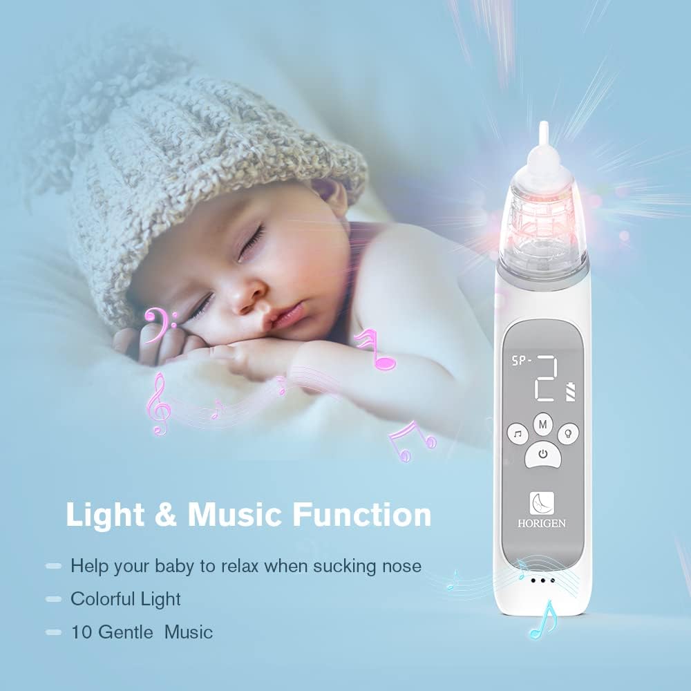 HORIGEN Nasal Aspirator with a sleeping baby in the background, highlighting the Light & Music Function with colorful light and 10 gentle music tracks.