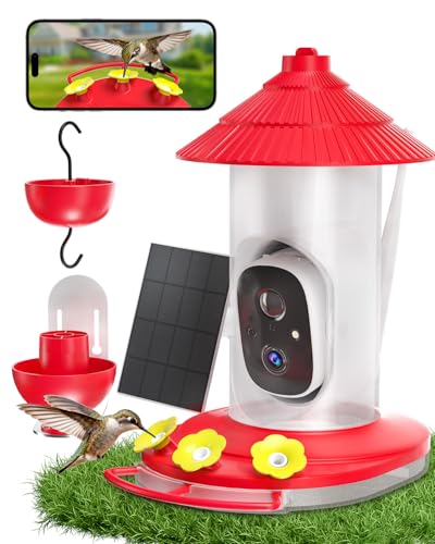 NAVFS Smart Hummingbird Feeder with Camera 2K AI-Powered Outdoor Hummingbird Camera Feeder with Solar Panel Auto Capture Videos & Motion Detection Ideal Gift for Bird Watchers-Red