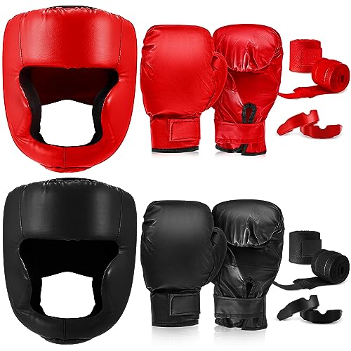 Kanayu 14 Pcs Boxing Gloves and Headgear Set for Beginners Youth 16 Ounce Boxing Gloves Headgear Helmet Hand Wraps Mouth Guards Equipment for Beginners Training Equipment Gifts(Black, Red)
