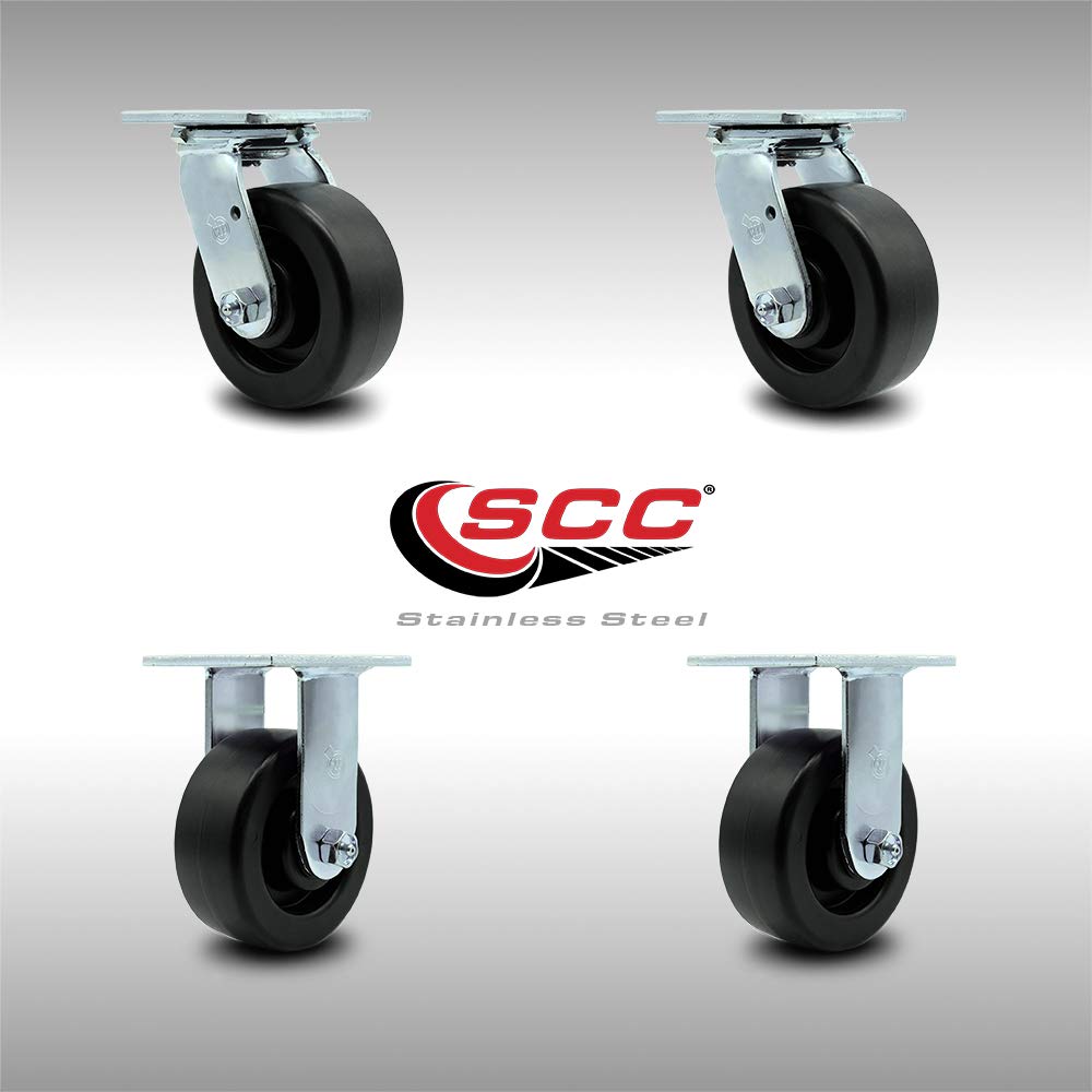 Stainless Steel Heavy Duty Swivel Caster Set of 4 with 5 Inch Polyolefin Wheels and Ball Bearings - Includes 2 Swivel and 2 Rigid - 2,600 lbs. Total Capacity - Service Caster Brand
