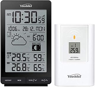 Youshiko Wireless Weather Station, ( Official 2023 UK Version / Premium Quality / Clear Display) with Radio Controlled Clock Indoor Outdoor Temperature Thermometer, Humidity Barometric pressure