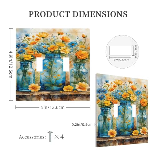 Decorative Switch Covers Plate Rustic Yellow Flowers Floral Blue Bottles 2 Gang Wall Plate Oversized Double Toggle Light Switch Plate Wall Cover Plate Faceplate for Country Home Decor
