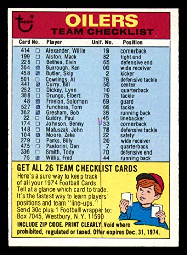 Football NFL 1974 Topps Team Checklists #11 Houston Oilers marked Oilers