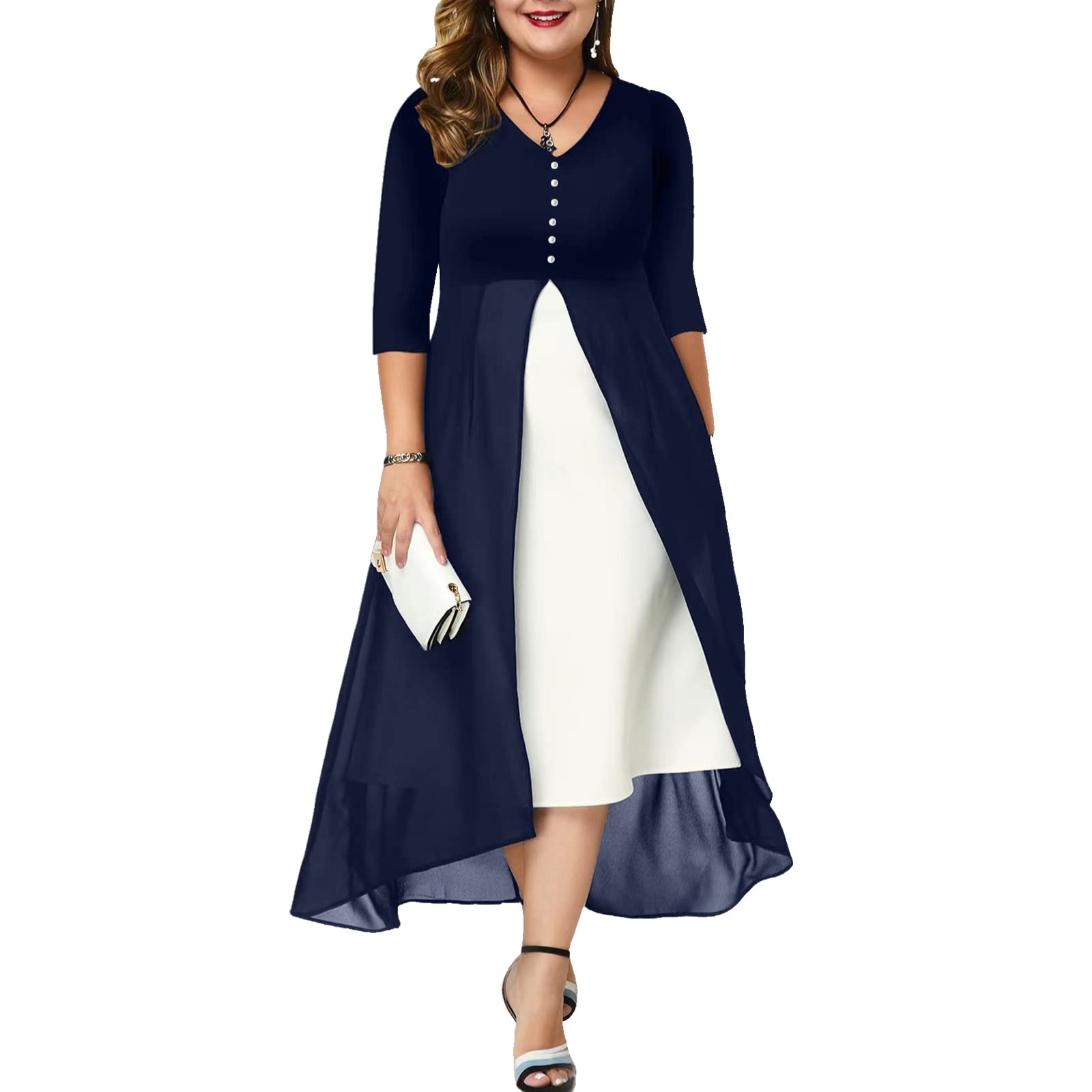 Photo 1 of HEYSCRINT Plus Size 3/4 Sleeve V Neck Chiffon Contrast Panel Cocktail Semi Formal Midi Dresses for Women X-Large Navy Blue