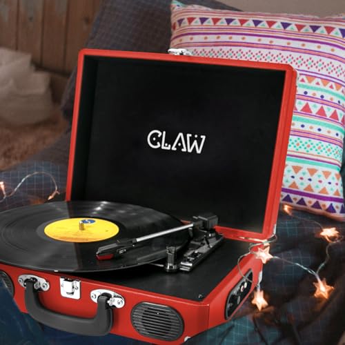 Image of Claw Stag Portable Vinyl Record Player Turntable with Built-in Stereo Speakers, Volume Control Knob, AUX Input and RCA Output, 78 RPM Speed, High Qualiy Diamond Stylus and Headphone Jack (Red)